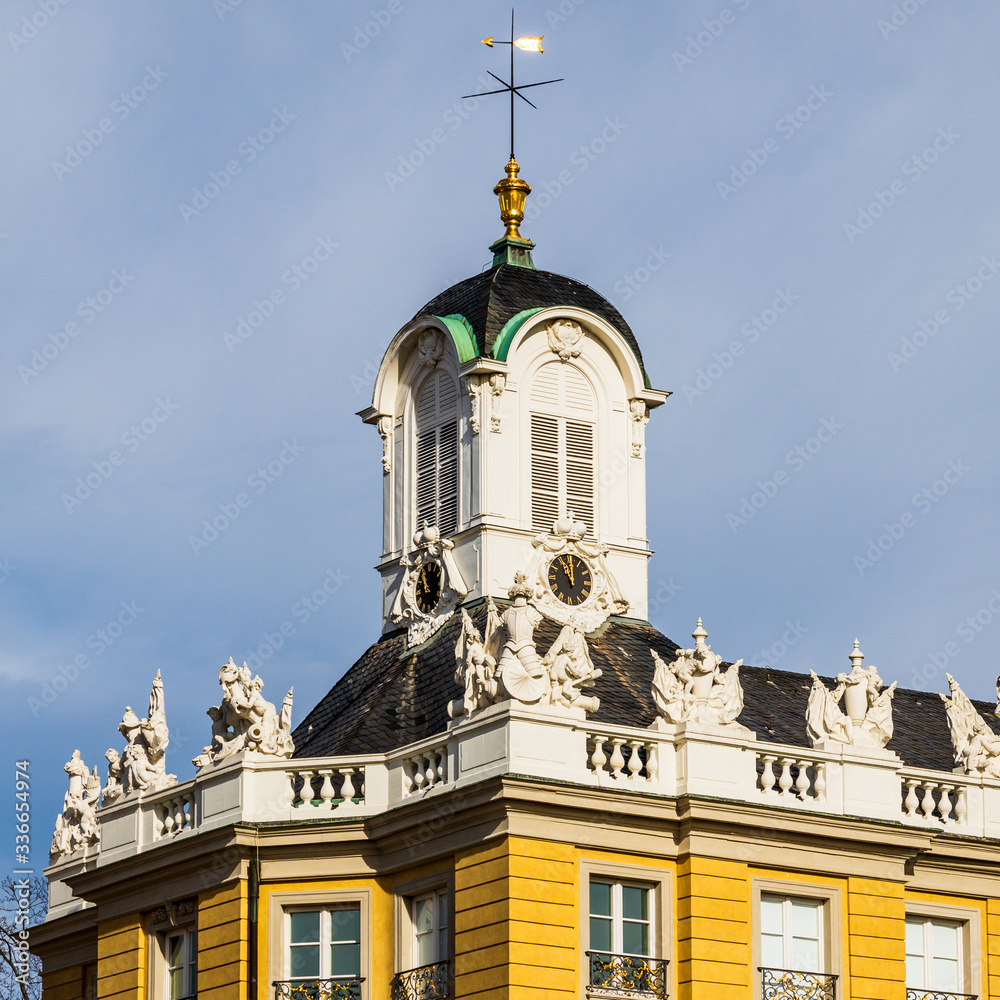 Roof details of Side-Buildings and Clocktower of Castle Karlsruhe. In Karlsruhe, Baden-Württemberg, Germany