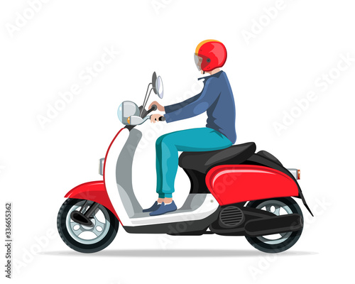 Motorcycle rider. Motorcycle driver. Bike scooter. Moped. Retro scooter. Scooter and motorbike. Economical and ecological city transport. Moped for tourism. Electric moped logotype.