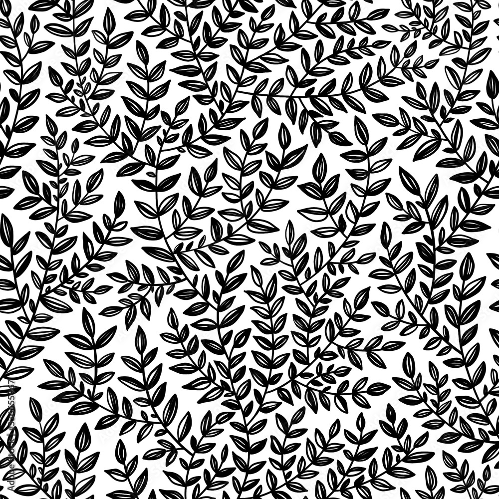 Black and white floral seamless pattern. Hand drawn illustration of tree branches with leaves.