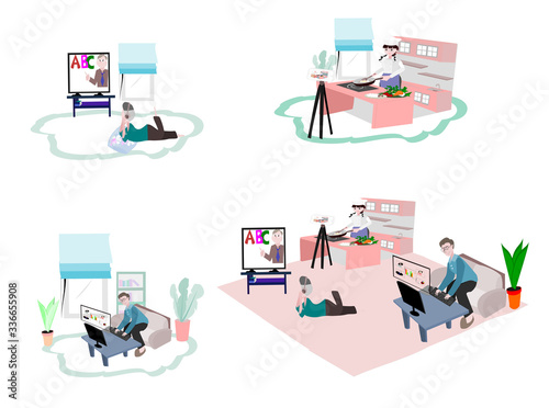 Family doing online activities. people using technology for social distancing . Vector people illustration. Boys study online at home. Women cooking and live video. Man working at home .flat design. 