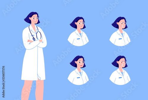 Doctor character creation set with various emotions. Isolated. Female doctor.