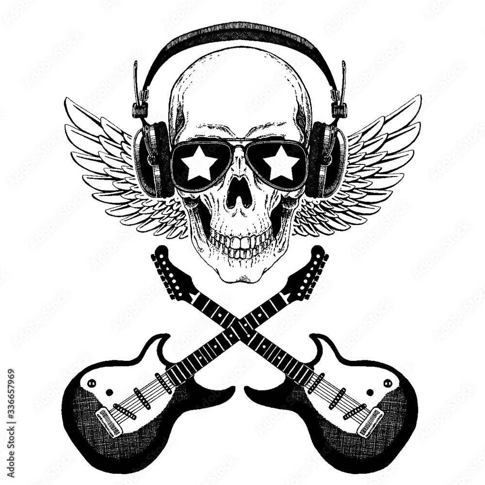 Fototapeta premium Vector skull in headphones with guitars. Logo for shirt, musical online school, internet education, tattoo, poster.
