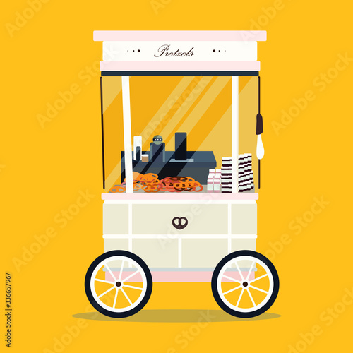 Pretzel with coffee truck - street cafe. Street food kiosk. Small business identity concept. Stock vector flat illustration isolated on light orange background for topics like retail, small business.
