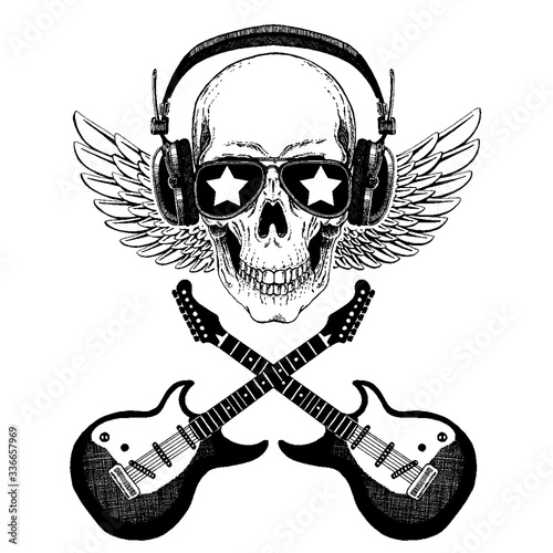 Vector skull in headphones with guitars. Logo for shirt, musical online school, internet education, tattoo, poster.