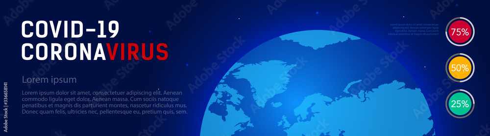 Web banner with the globe in space and the inscription Covid 19, Coronovirus. Evidence of disease, cure, death. Worldwide pandemic concept. Vector illustration