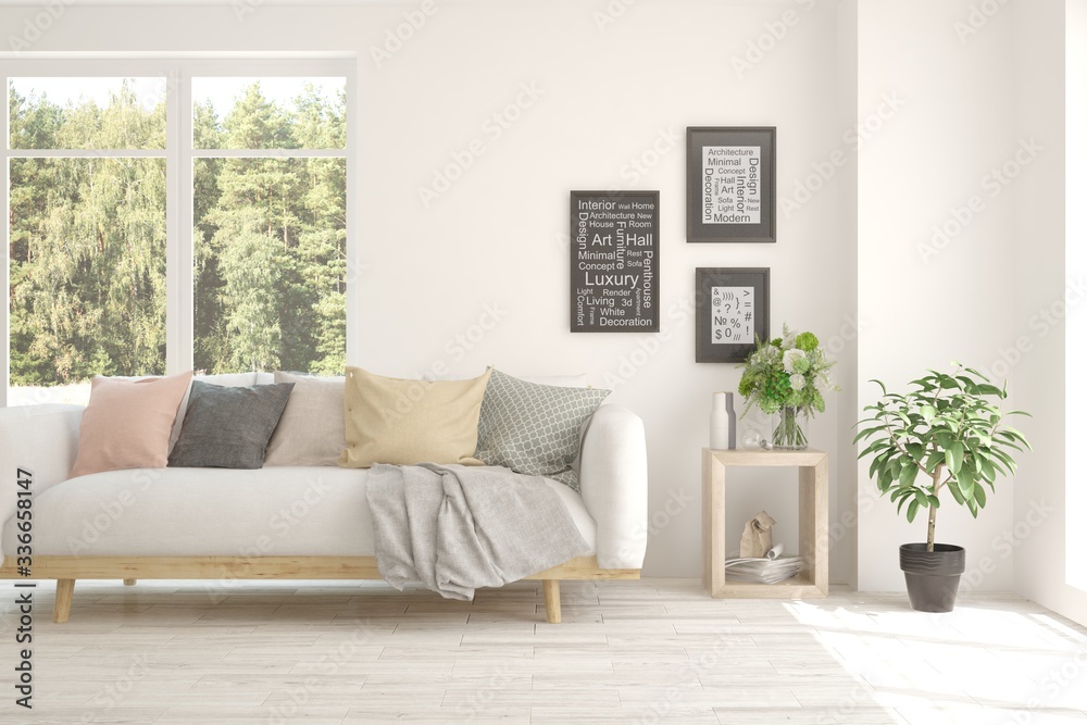 White living room with sofa and summer landscape in window. Scandinavian interior design. 3D illustration White living room with sofa and summer landscape in window. Scandinavian interior design. 3D illustration