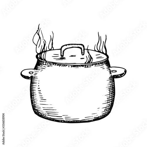 pan preparing food steam sketch isolated on white background vector