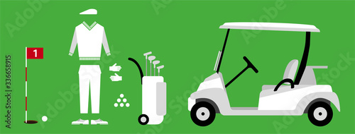 Golf items selection / hole, ball, clothing, caddy, cart