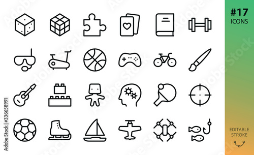 Sport, hobby, games isolated icons set. Set of board game dice, puzzle piece, gym, fitness, diving mask, controller pad, bike, guitar instrument, drone, model kit, ping pong outline vector icon