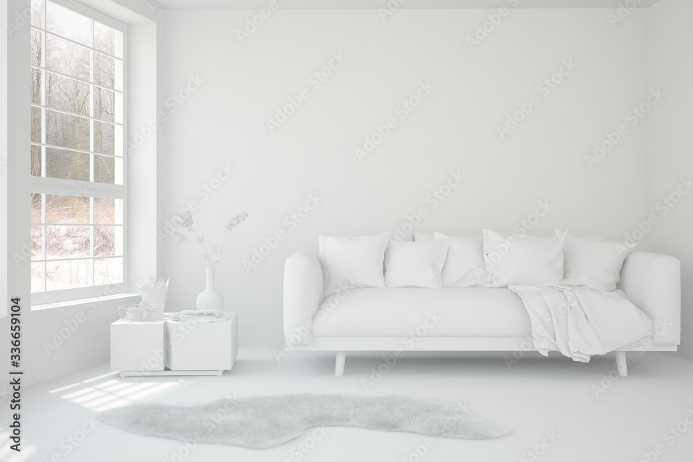 White minimalist living room with sofa. Scandinavian interior design. 3D illustration White minimalist living room with sofa. Scandinavian interior design. 3D illustration