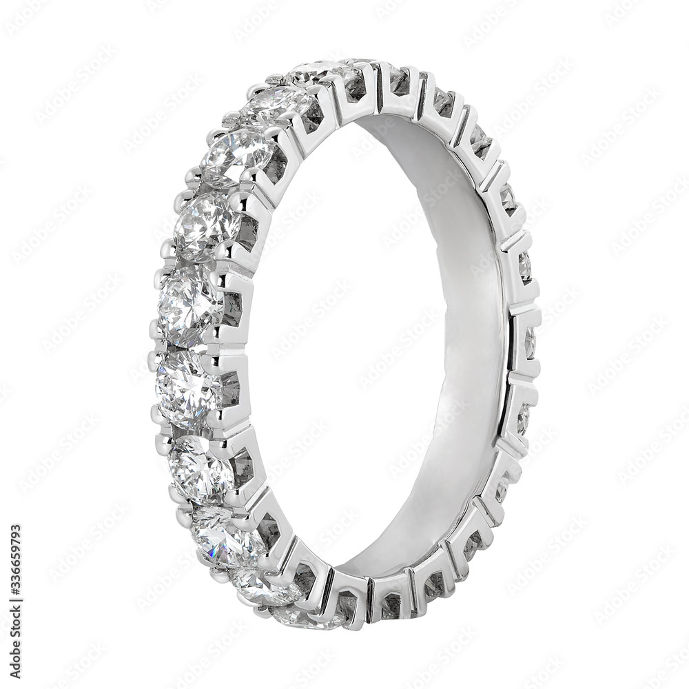 White gold ring with many diamonds isolated on white background White gold ring with many diamonds isolated on white background