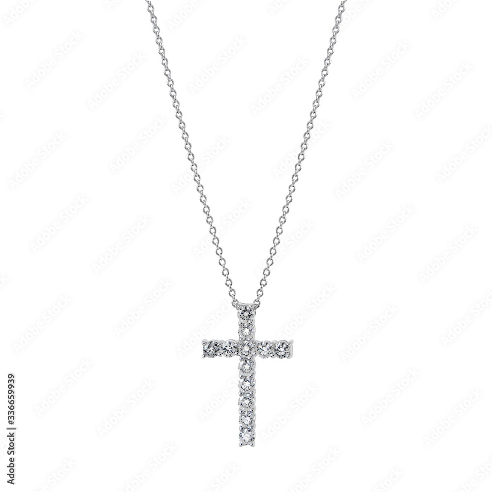 Cross pendant on a white gold chain with diamonds isolated on a white background Cross pendant on a white gold chain with diamonds isolated on a white background