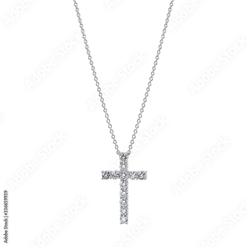 Cross pendant on a white gold chain with diamonds isolated on a white background