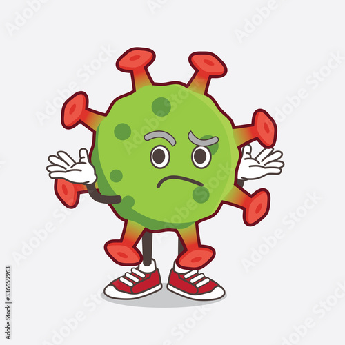 Green Coronavirus cartoon mascot character in comical grinning expression