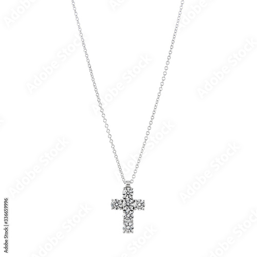 Cross pendant on a white gold chain with diamonds isolated on a white background