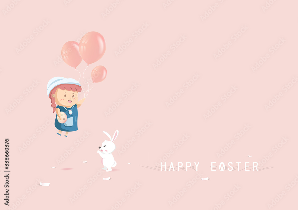 Φωτογραφία Happy Easter, adorable girl and bunny with balloons floating on sky, cartoon cha