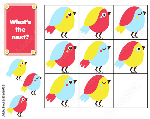 What comes next educational children game. Kids activity sheet, continue the row of birds