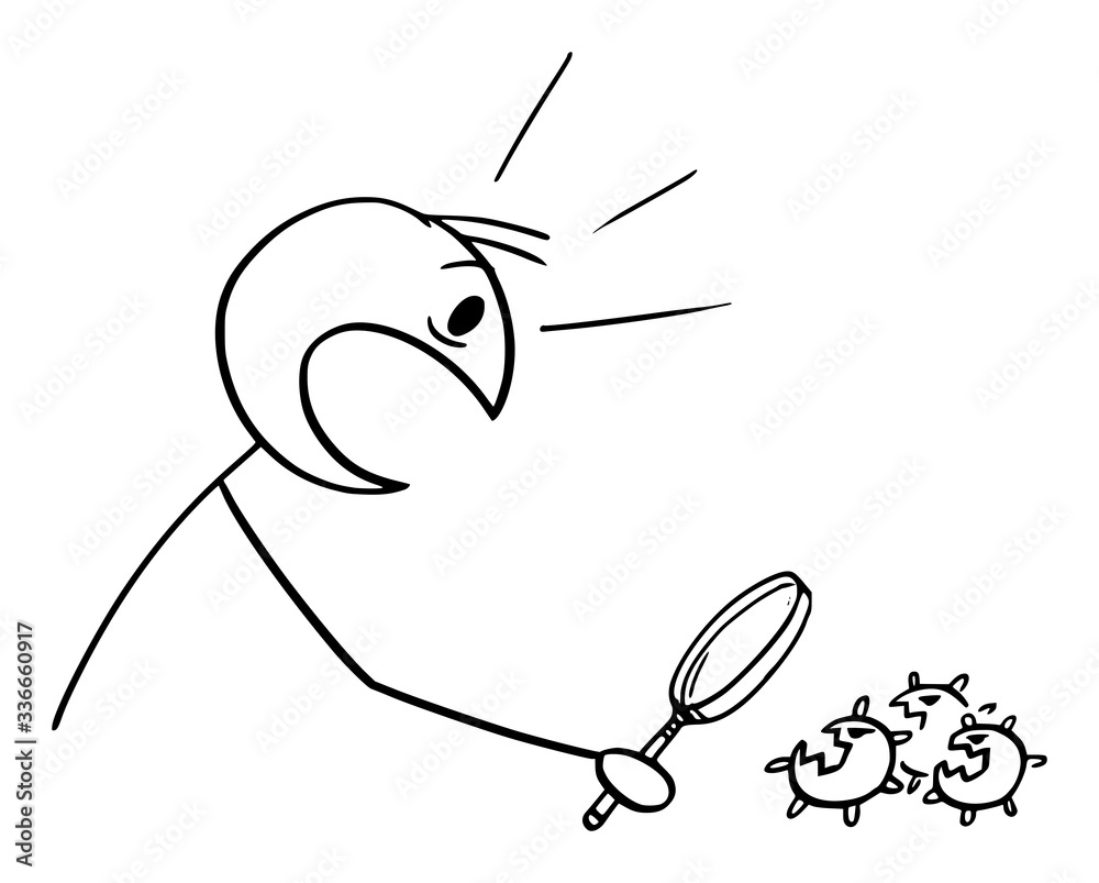 Vector cartoon stick figure drawing conceptual illustration of man, doctor or scientist looking at laboratory sample and find coronavirus COVID-19. Vector cartoon stick figure drawing conceptual illustration of man, doctor or scientist looking at laboratory sample and find coronavirus COVID-19.