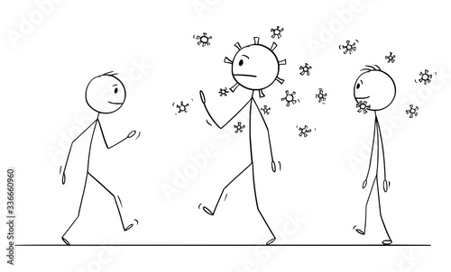 Vector cartoon stick figure drawing conceptual illustration of man infected by coronavirus COVID-19, walking on the street and spreading the virus disease on other people.