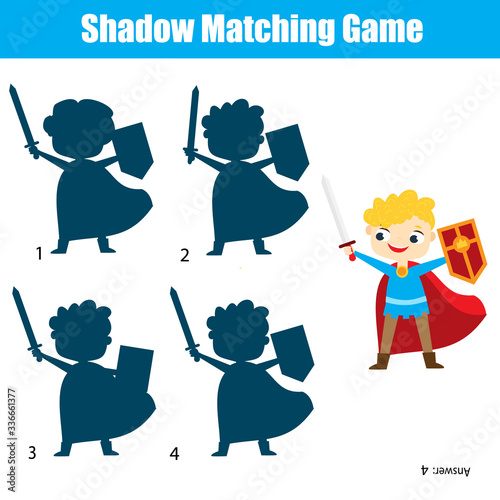 Shadow matching game. Kids activity with knight character
