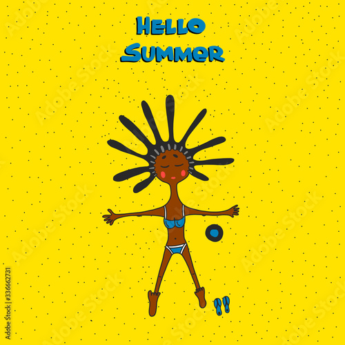 tanned girl lies in a bikini on the sea beach.The inscription Hello summer.Vector illustration in cartoon style.for social media,postcards,posters,website banners, travel companies, t-shirt design.