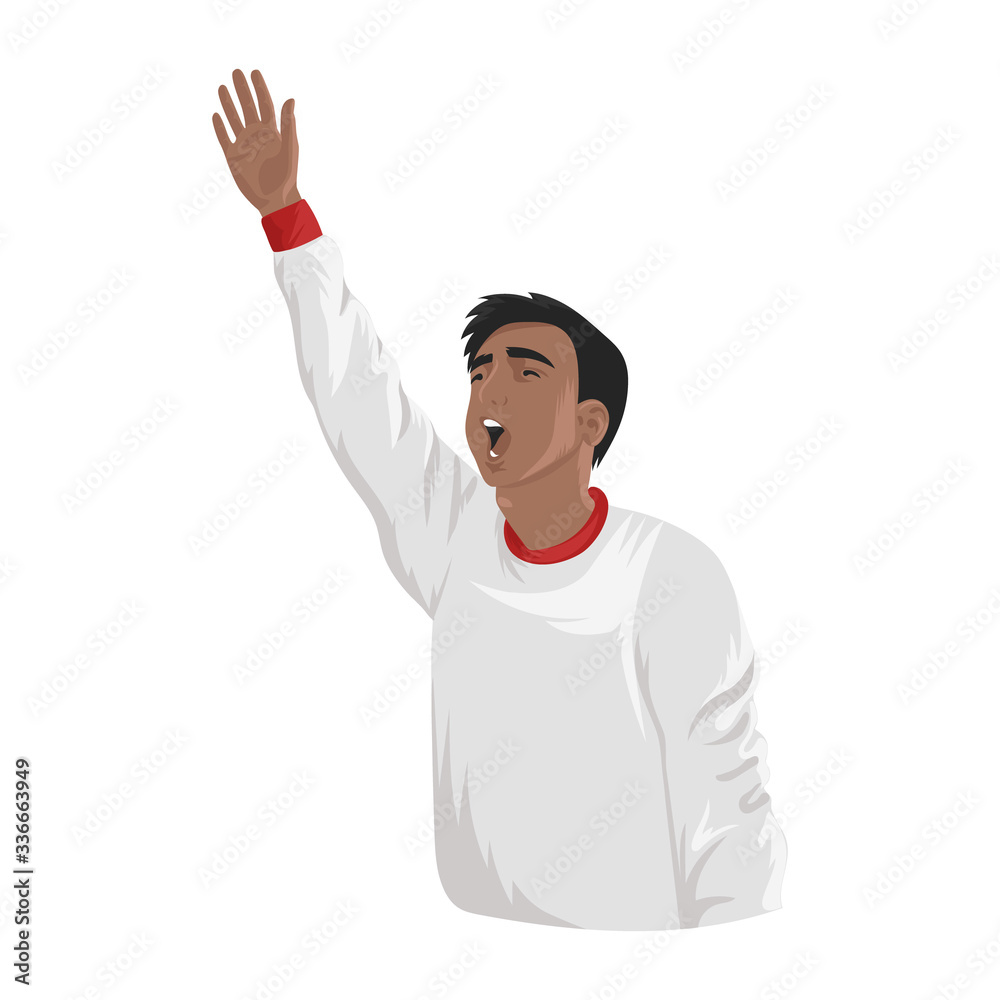 Brown skin man raised hand vector illustration. Man raised hand and screams in protest on white background. Brown skin man raised hand vector illustration. Man raised hand and screams in protest on white background.