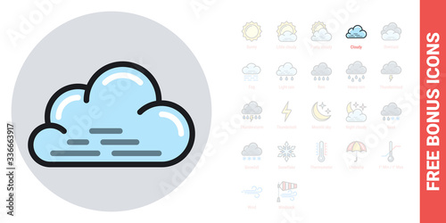 Cloudy, cloudiness or overcast icon for weather forecast application or widget. Cloud close up. Simple color version. Free bonus icons kit included