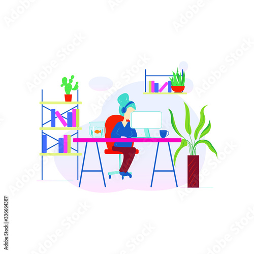 Working at home on quarantine, concept illustration. Young people, mаn and womаn freelancers working on laptops and computers at home in quarantine. Vector flat style illustration