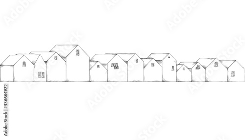 Lange Häuserreihe mit Bewohnern