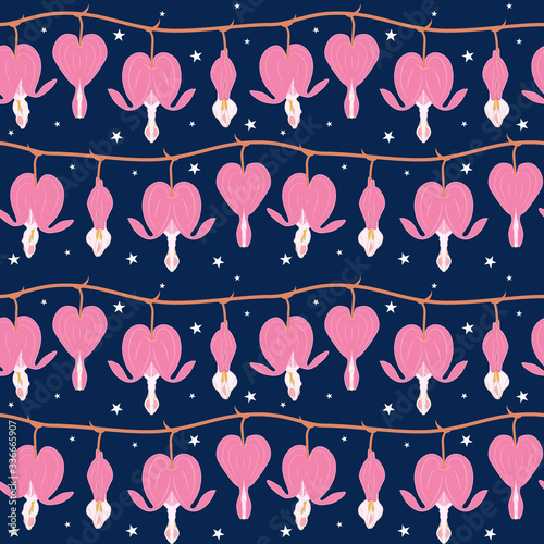 Cute doodle floral pattern. Asian bleeding heart flower in the starry night seamless pattern background. heart shaped pink and white flowers, lyre flower, heart flower and lady in a bath.