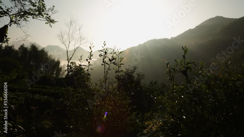 Establishing shot of the Wuyi Mountains in China. Filming into the Sun. photo