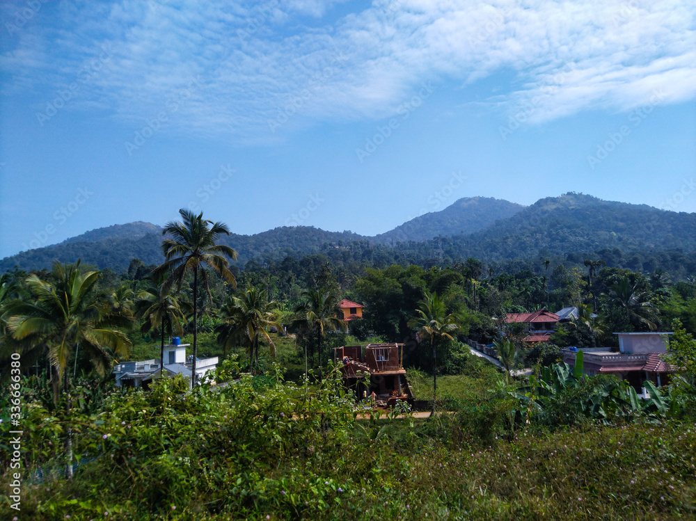 Village in the green mountains. Houses in front of mountain peak. Green palms and grass.