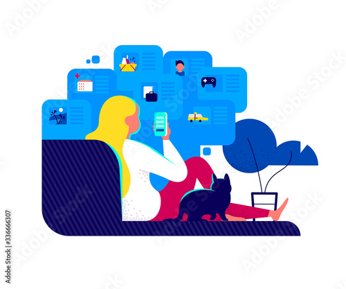 Young girl on sofa shopping online using different web services and applications. Order food online, taxi, doctor consultation, social communications, blogging etc. Vector flat illustration.