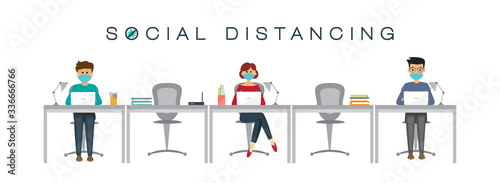 People at work, social distancing concept, prevention of coronavirus, vector illustration