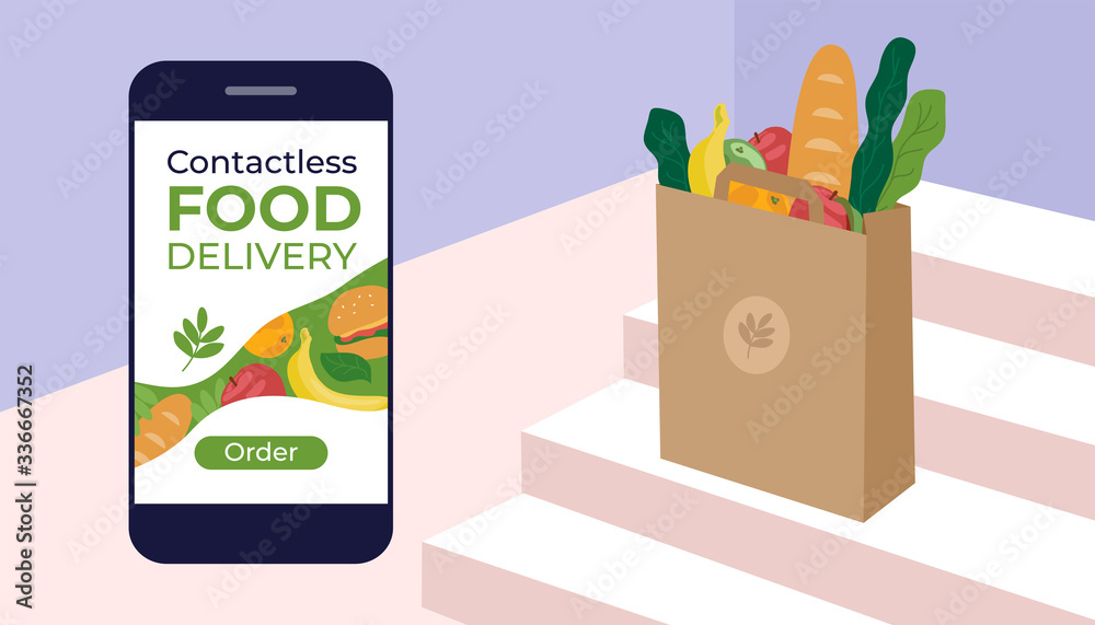 Contactless food delivery. Stay home, order products by courier service. Bag with foodstuffs on step in front of door. Coronavirus quarantine isolation. Safe delivery mobile app. Vector illustration.