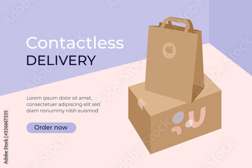 Contactless safe delivery concept. Stay home, order food or goods by courier service. Box and bag lying on floor in front of door. Coronavirus quarantine isolation. Vector illustration, banner, layout