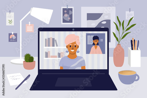 Stay, work from home. Video communication illustration. Two girls talking by internet. Comfy workplace, laptop screen. Blogging, web chatting, online meeting friends. Coronavirus quarantine isolation.