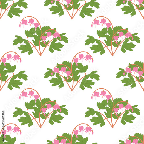 Vintage Asian floral pattern background with bleeding heart, heart shaped pink and white flower, lyre flower, heart flower and lady in a bath. Spring flowers background. Great for wallpaper, textile.