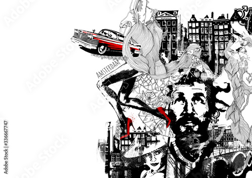 noir grunge illustration of the men thoughts about life retro cars and love unknown woman and long sexy legs in the red heels (ID: 336667747)