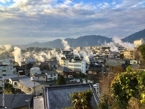Beppu hot springs with rising steam in Oita