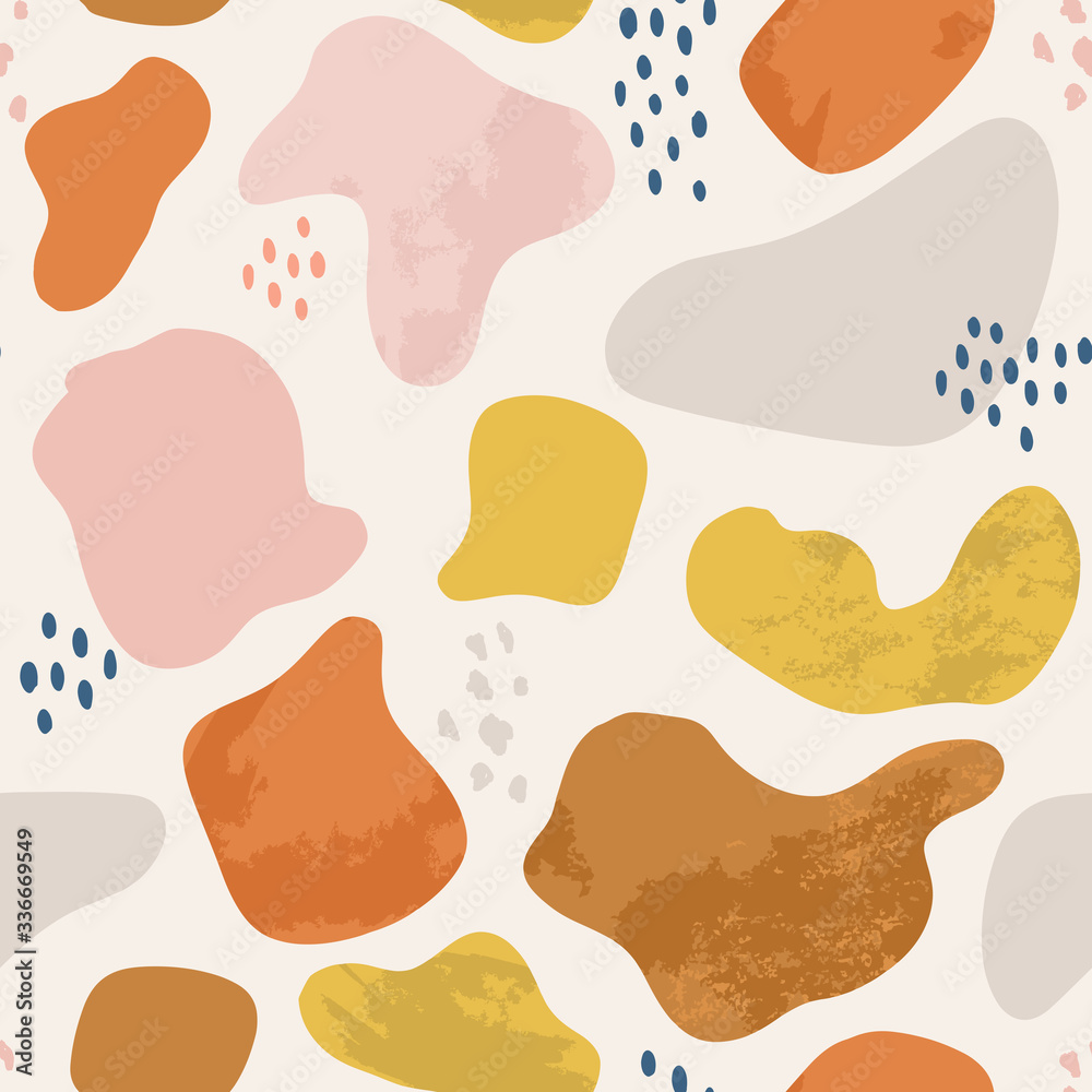 Abstract pattern with hand drawn abstract shapes, dots, blobs. Tropical summer, trendy, scandinavian kids fabric, wrapping texture, textile, wallpaper, poster, apparel. 
