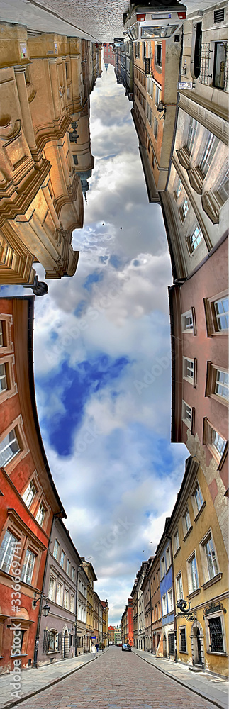 Street Piwna in Warsaw - Old Town. Panorama 180 degrees. Capital of Poland.