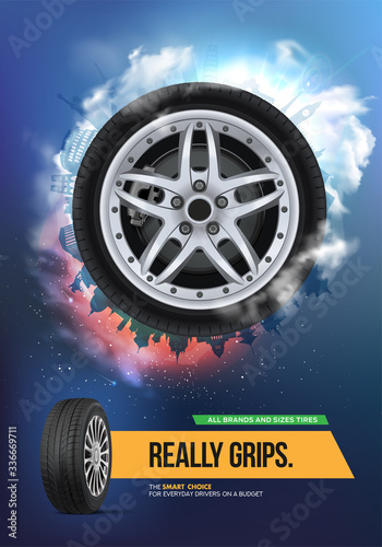 Tire car advertisement poster. Black rubber tire. Realistic vector shining disk car wheel tyre. Information. Store. Action.Landscape poster. Tire shop, spare parts and auto service discount promotion.