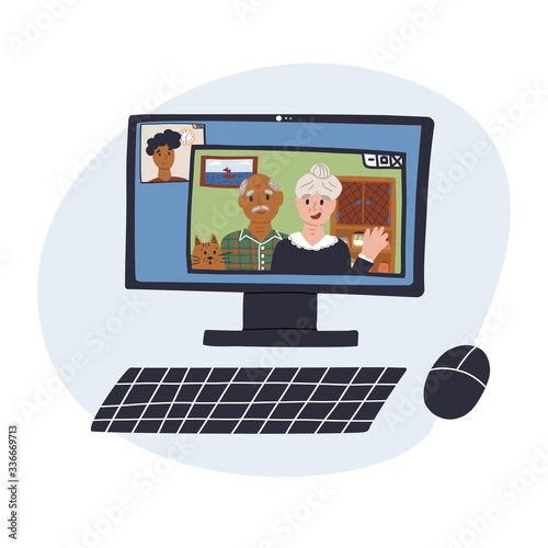Fun hand drawn PC with online call on monitor with parents and son. Distant call and care of elder relatives from home, self isolation, quarantine because corona virus concept.