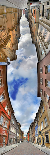 Obraz na płótnie Street Piwna in Warsaw - Old Town. Panorama 180 degrees. Capital of Poland. w salonie