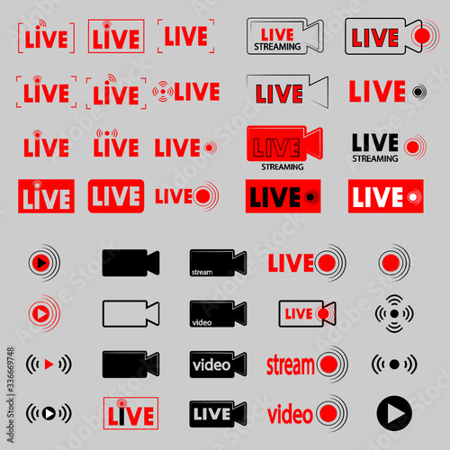 Live broadcast. Set of online streaming icons. Red symbols and buttons for live broadcast, online