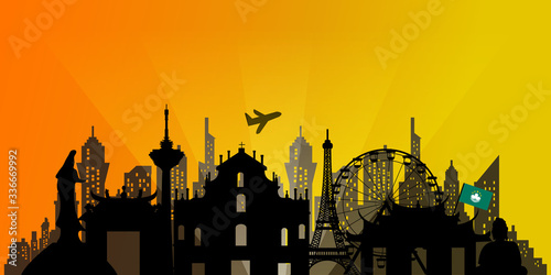 Macau Travel postcard, poster, tour advertising of world famous landmarks in silhouette style. Vectors illustrations
