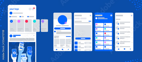 UI post frame inspired by Facebook with stories vector mobile app. Social network screens on mobile phone with profile, dashbord,  feedback, news, history, chat, friends, notifications. 