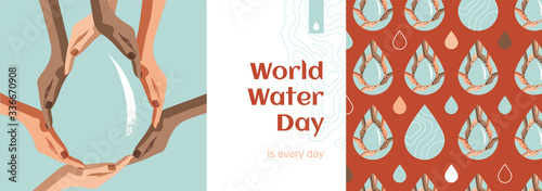 World water day vector concept for sustainable development goals. Multicultural people's hands make aqua drop symbol and pattern. Ocean ecology responsibility awareness month. No plastic illustration