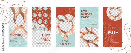 Stories template kit about cosmetic in minimal trendy style. Isolated social media vector instagram frame for bloger post about serum, hands care, eye lashes, heart, oil drop, sale. Blank space.